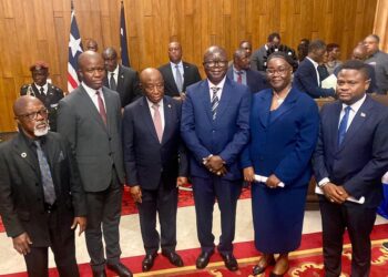 President Joseph Boakai and LTA officials at the signing ceremony marking the partnership with Starlink to connect 156 public high schools across Liberia