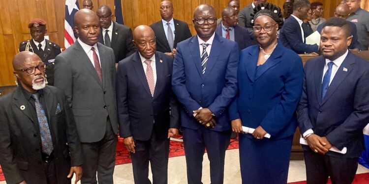 President Joseph Boakai and LTA officials at the signing ceremony marking the partnership with Starlink to connect 156 public high schools across Liberia