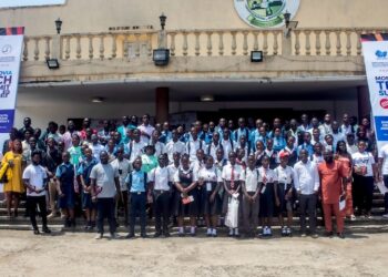 Participants at the Monrovia Tech Summit 2025 pose for a group photo, showcasing Liberia’s growing youth innovation and technology movement.