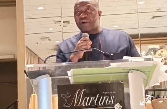 Liberia’s Finance Minister Augustine Kpehe Ngafuan delivers his keynote at the ALJA Convention in Greenbelt, Maryland, honoring Liberian journalists for their impact