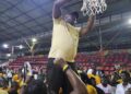 LPRC Oilers celebrate after the Liberia Basketball Association awards them the 2025 national championship following NPA Pythons’ Game 4 forfeit