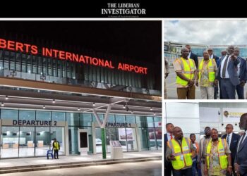 House Speaker Richard Koon tours Roberts International Airport with aviation officials amid calls for $15 million safety funding in Liberia.