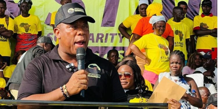 Mulbah K. Morlu Jr., Chairman of STAND, addresses supporters during the July 17 ‘Lead or Leave – Enough Is Enough’ protest in Monrovia.