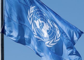 A view of the United Nations flag outside the General Assembly Hall during the fourth day of the general debate of the General Assembly's seventy-sixth session.