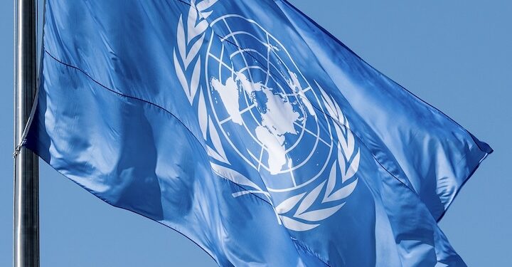 A view of the United Nations flag outside the General Assembly Hall during the fourth day of the general debate of the General Assembly's seventy-sixth session.