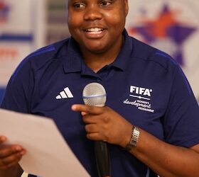 FIFA Women’s Football Technical Expert Thubaelihle Bridgette Sibanda speaks at a capacity-building workshop for women’s football stakeholders in Monrovia.