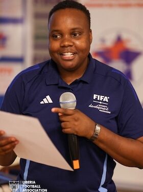 FIFA Women’s Football Technical Expert Thubaelihle Bridgette Sibanda speaks at a capacity-building workshop for women’s football stakeholders in Monrovia.