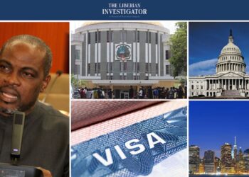 Collage showing Liberian lawmaker Rep. Emmanuel Dahn speaking in the Legislature, the Liberian Capitol, the U.S. Capitol, a U.S. visa page, and the Statue of Liberty — symbolizing Liberia’s call for fairer U.S. visa rules