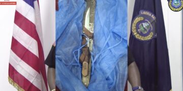 A knife and cutlass displayed by the Liberia National Police after a deadly Congo Town confrontation where a suspect attacked three officers before being fatally shot.