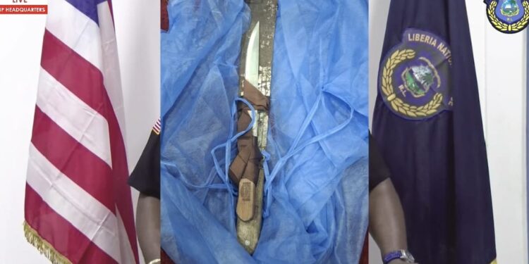 A knife and cutlass displayed by the Liberia National Police after a deadly Congo Town confrontation where a suspect attacked three officers before being fatally shot.