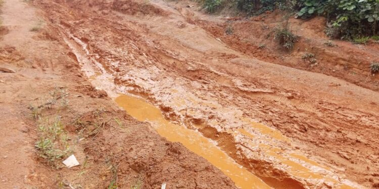 A muddy, impassable rural road in Garyea Clan, Bong County, showing deep erosion and stagnant water after heavy rains