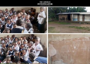 Students at Sally B. Toogbabu Elementary in Grand Kru County sit on tarpaulin sheets on the floor as they study in overcrowded, crumbling classrooms.