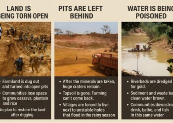 Images showing farmland destruction, open mining pits, and polluted rivers in Liberia — highlighting the environmental damage caused by unregulated mining activities