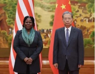 Liberian Senate President Pro Tempore Nyonblee Karnga-Lawrence meets Zhao Leji, Chairman of China’s National People’s Congress, to strengthen Liberia-China parliamentary relations in Beijing.