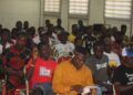 Liberian football coaches attending a LIFOCA retreat at Samuel Kanyon Doe Sports Complex during the launch of a nationwide audit of coaching credentials