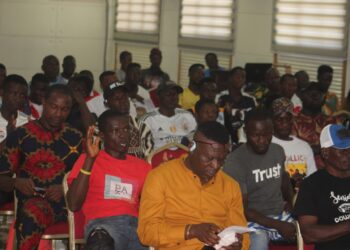 Liberian football coaches attending a LIFOCA retreat at Samuel Kanyon Doe Sports Complex during the launch of a nationwide audit of coaching credentials