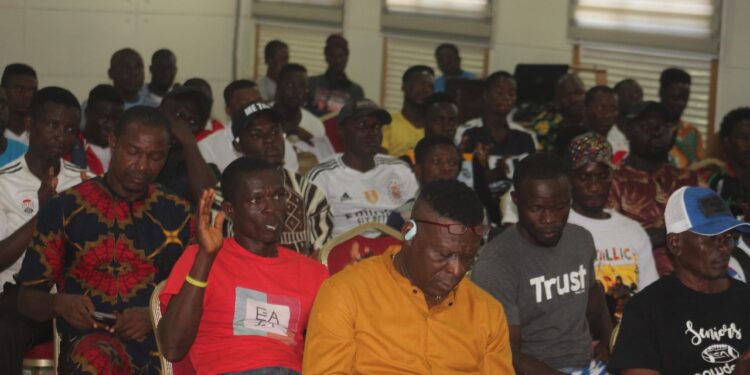 Liberian football coaches attending a LIFOCA retreat at Samuel Kanyon Doe Sports Complex during the launch of a nationwide audit of coaching credentials