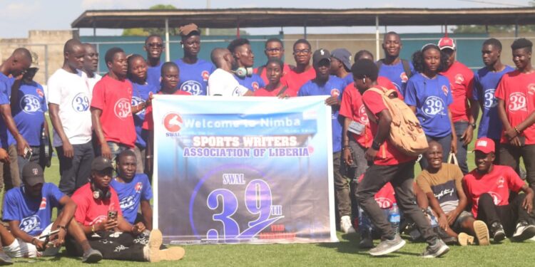 Members of the Sports Writers Association of Liberia (SWAL) gather in Ganta, Nimba County, to celebrate the association’s 39th anniversary with sports and unity-themed activities