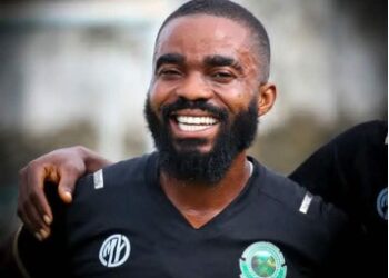 Wologizi FC forward Jeremiah Johnson celebrates after scoring in their 2–1 win over FC Fassell in the Liberia First Division League