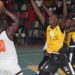 Mighty Barrolle’s forward attempts a jump shot as NPA Pythons defenders close in during their Liberia Basketball Association First Division semifinal series at SKD Gymnasium