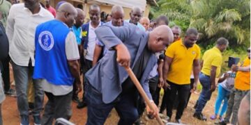 LWSC Deputy Director General Wilson Gaye breaks ground for Pleebo’s first pipe-borne water project in Maryland County, Liberia