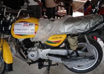Motorcycles and road maintenance tools donated by the National Road Fund to the Ministry of Internal Affairs in Lofa County to support community-led road repair and maintenance