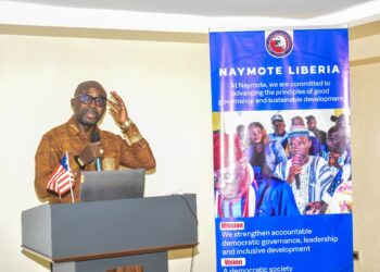 Naymote Executive Director Eddie D. Jarwolo presents the 2025 Governance and Anti-Corruption Policy Brief highlighting gaps in Liberia’s ARREST Agenda implementation.