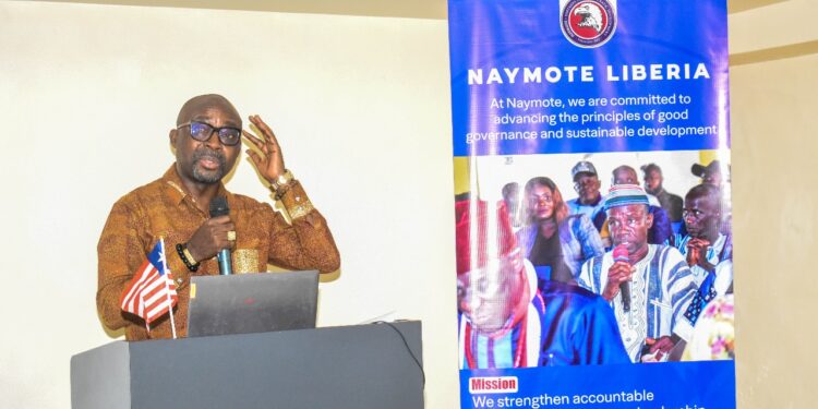 Naymote Executive Director Eddie D. Jarwolo presents the 2025 Governance and Anti-Corruption Policy Brief highlighting gaps in Liberia’s ARREST Agenda implementation.