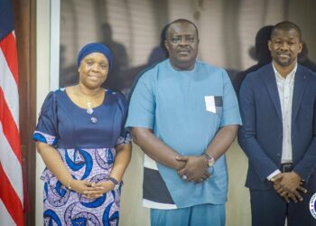 Foreign Minister Sara Beysolow Nyanti, Youth and Sports Minister Cllr. Jeror Cole Bangalu, and LFA President Mustapha Raji after a joint meeting in Monrovia on strengthening Liberia–Serbia sports relations