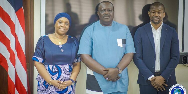 Foreign Minister Sara Beysolow Nyanti, Youth and Sports Minister Cllr. Jeror Cole Bangalu, and LFA President Mustapha Raji after a joint meeting in Monrovia on strengthening Liberia–Serbia sports relations
