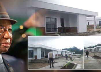 President Joseph Nyuma Boakai pictured alongside images of a fenced villa compound in Foya, Lofa County, amid growing public concern over its funding and ownership