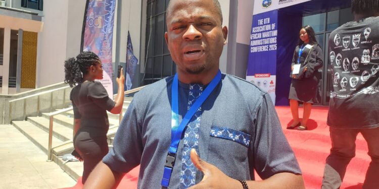 Watson Chelley, SISA Manager at the Liberia Maritime Authority, speaks at the 8th AAMA Conference in Monrovia, highlighting Liberia’s blue economy leadership