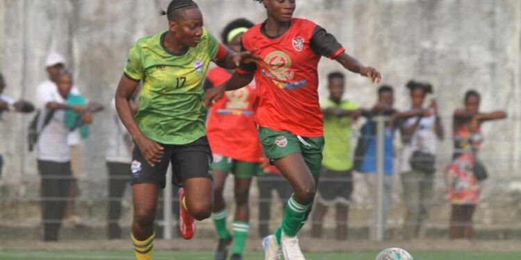 Players from Determine Girls and Shaita Angels battle for the ball during a previous LFA Women’s League match in Monrovia