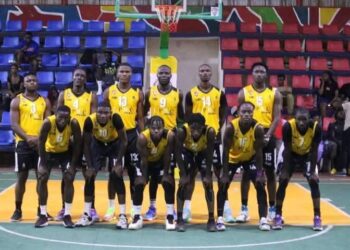 LPRC Oilers basketball team pose for a group photo before their Road to BAL qualifying match in Abidjan, Ivory Coast.