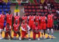 NPA Pythons basketball team celebrates after eliminating defending champions Mighty Barrolle in Game 3 of the 2025 LBA First Division semifinals at SKD Gymnasium.