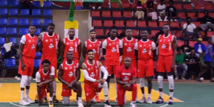 NPA Pythons basketball team celebrates after eliminating defending champions Mighty Barrolle in Game 3 of the 2025 LBA First Division semifinals at SKD Gymnasium.