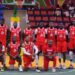 NPA Pythons basketball team celebrates after eliminating defending champions Mighty Barrolle in Game 3 of the 2025 LBA First Division semifinals at SKD Gymnasium.