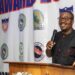 Dr. Thomas Nimene Tweh Jr., founder of the Country Man Movement, addresses guests during the 2025 SWAL Awards in Monrovia after pledging support for sports journalism.