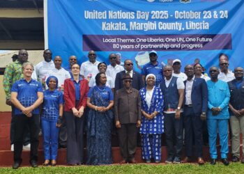 President Joseph N. Boakai poses with UN Resident Coordinator Christine Umutoni and other dignitaries at the UN@80 celebration in Kakata, Margibi County