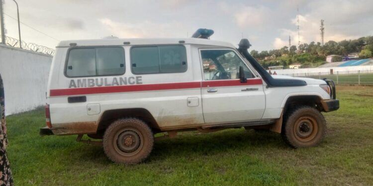 A medical ambulance stationed at a Liberian football venue as part of the LFA’s new safety measures following player Amara Kamara’s death