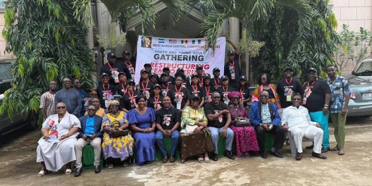 Delegates and bishops from the United Methodist Church’s West Africa Central Conference pose for a group photo during the Youth and Young Adults Gathering in Freetown, Sierra Leone