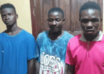 Police photo of suspects charged with murder in connection to a deadly mob attack over an alleged motorcycle theft in Kakata, Margibi County, Liberia.