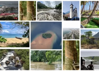 A collage showcasing Liberia’s tourism attractions including beaches, waterfalls, churches, forests, surfing, and scenic landscapes highlighting the country’s untapped tourism potentia