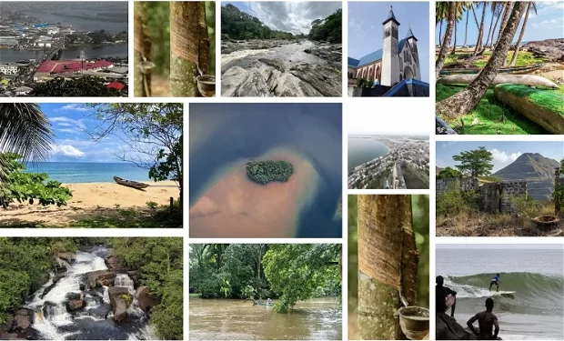 A collage showcasing Liberia’s tourism attractions including beaches, waterfalls, churches, forests, surfing, and scenic landscapes highlighting the country’s untapped tourism potentia