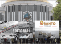 A composite graphic showing a government building, editorial-themed newspapers, and offshore oil platforms