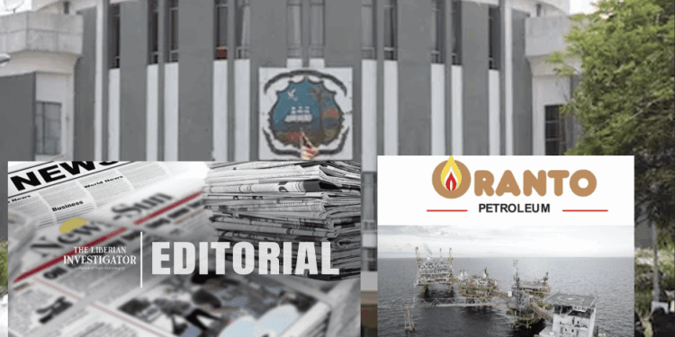 A composite graphic showing a government building, editorial-themed newspapers, and offshore oil platforms