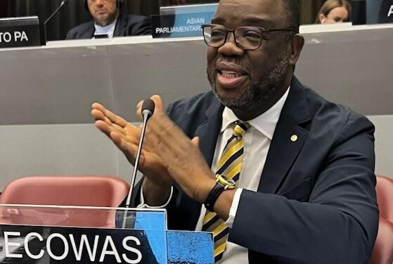 A speaker seated at a regional parliamentary meeting table, gesturing while addressing participants, with a conference nameplate in front