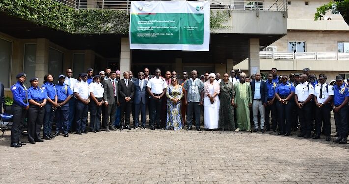 Liberian and ECOWAS officials pose in Monrovia during the launch of the SIGMAT platform, a digital customs system linking West African trade corridors