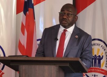 Citizens Movement for Change (CMC) leader Musa Hassan Bility speaks at a press conference in Monrovia, criticizing Liberia’s 2026 draft national budget as unrealistic and politically motivated.