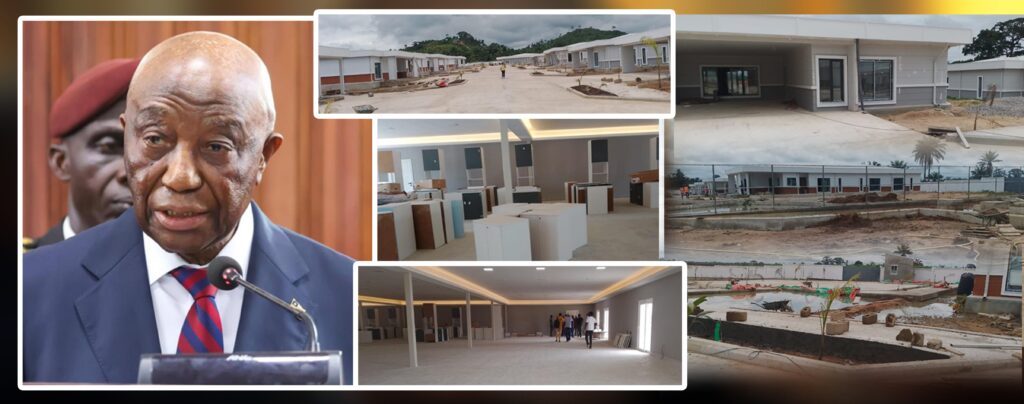 A collage of construction-site images and a man speaking at a podium at an official event, with buildings and interior renovations shown in progress.